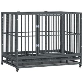 PawHut Heavy Duty Dog Cage 42 Metal Kennel with Wheels Double Door Removable Tray Gray