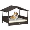PawHut Wicker Dog Bed Outdoor Elevated with Rattan Canopy Cushioned PE Rattan Dog Cat House Sleeping Pad Cream