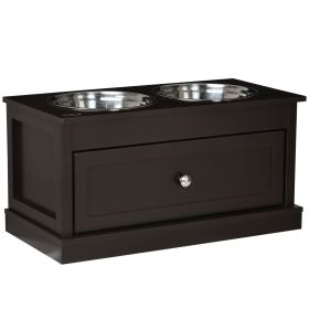 PawHut Double Elevated Dog Bowls for Large Dogs, Raised Dog Feeding Station with 2 Stainless Steel Bowls, Storage Drawer & Wood Stand for Cats, Brown